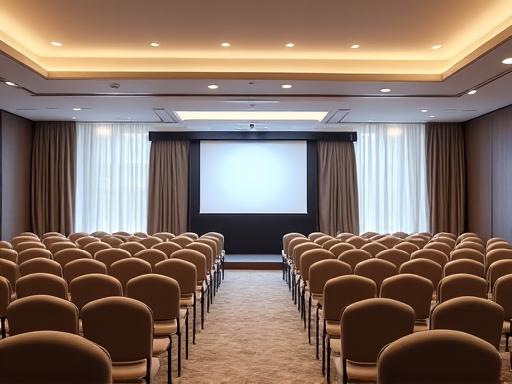 Sala conferenze elegante pronta per un evento corporate.